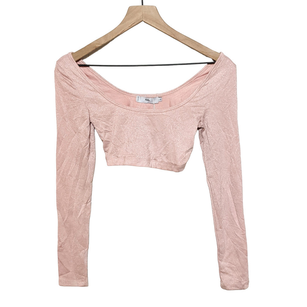Adika Womens Crop Top Size S Pink Long Sleeve Shimmer Boat Neck NWT Stretch
